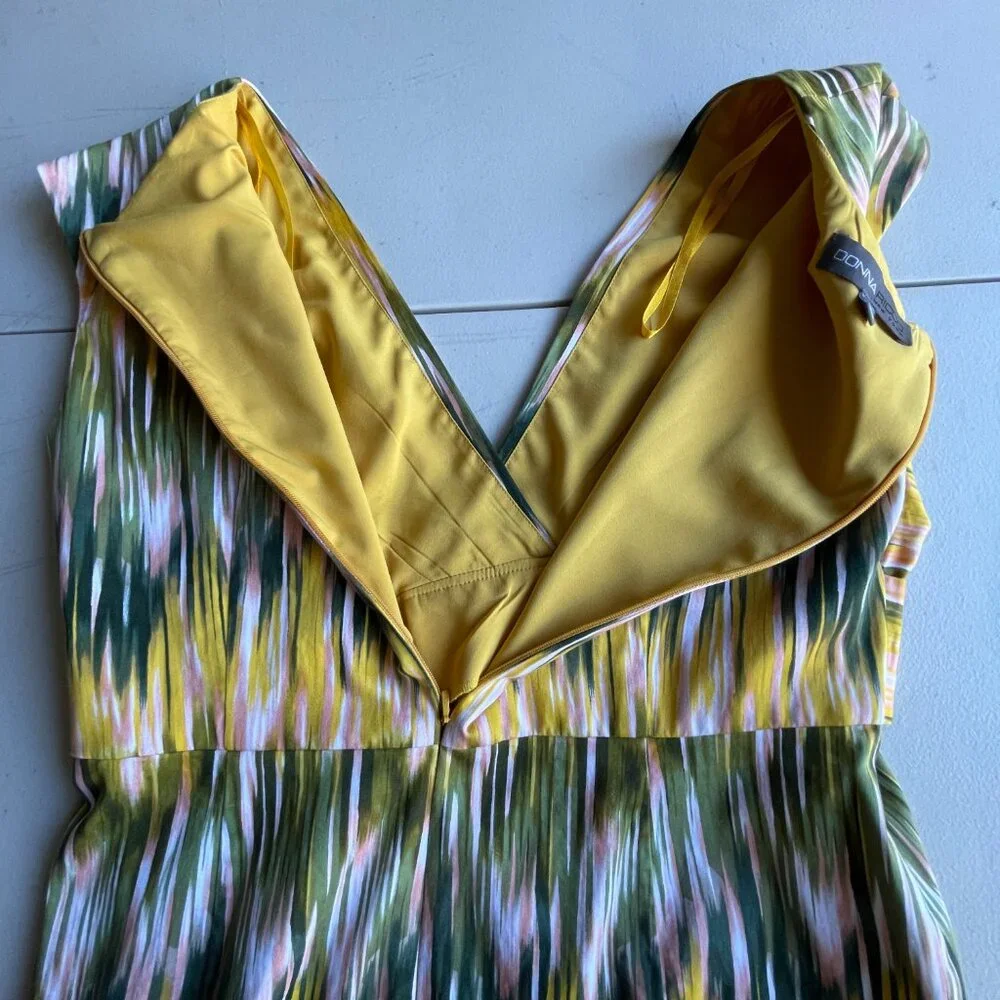 Ikat Print Donna Ricco Cotton Blend Yellow Green Sheath Dress 14